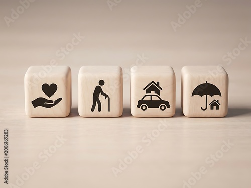 Wooden blocks with icons representing life insurance health care elderly support and protection.