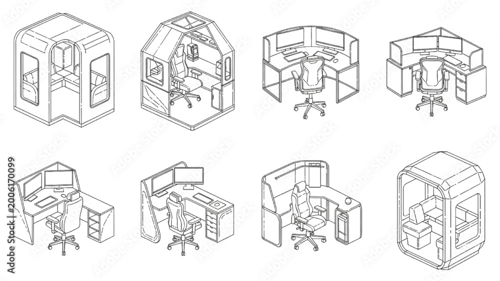 Obraz premium Isometric office booth and workspace pod structures with enclosed desk units architectural vector set