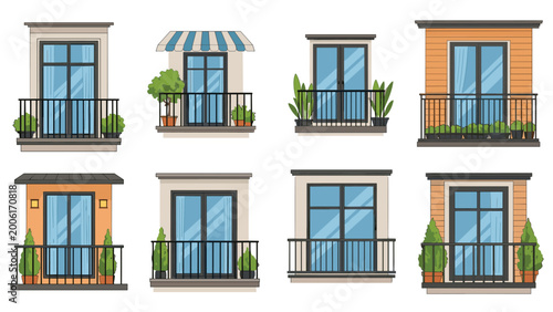 Set of architectural window and balcony designs for apartment buildings, decorated with various green potted plants and metal railings.