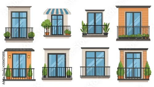 Obraz Set of architectural window and balcony designs for apartment buildings, decorated with various green potted plants and metal railings.