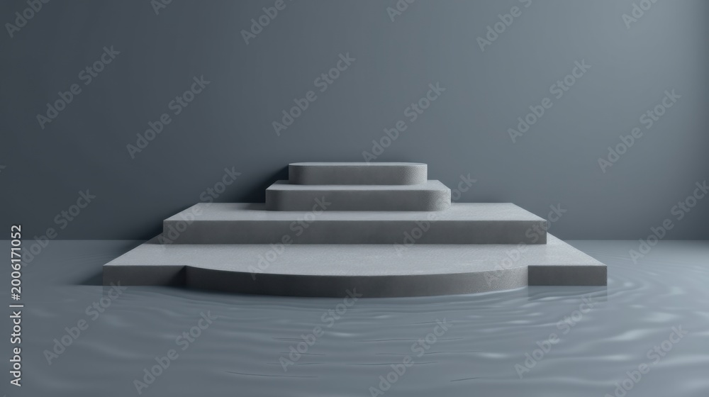 Obraz premium Minimalist stage design. Gray platforms rise from water surface. Dramatic lighting creates stark contrast, simple presentation.