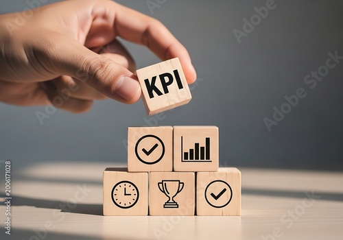Hand holding wooden block with kpi text over pyramid of business icons.