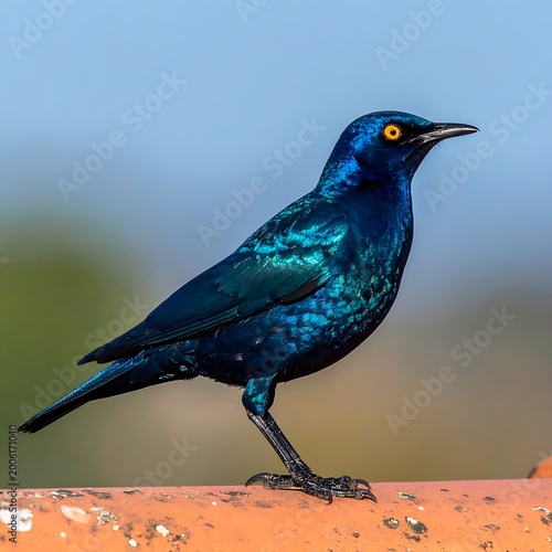 A vibrant blue bird perches on a worn orange railing outdoors