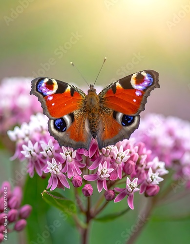 A vibrant butterfly perches on a cluster of pink flowers