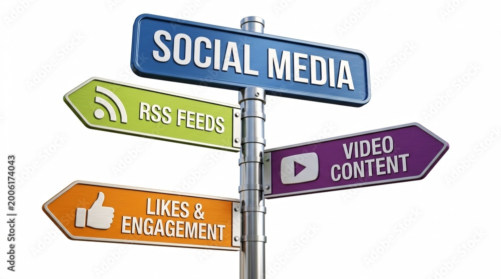 Fototapeta premium Digital Marketing Strategy Signpost Social Media Rss Feeds Video Content Likes Engagement