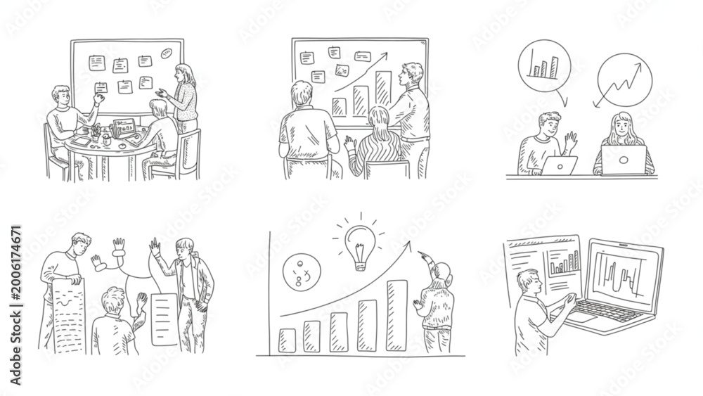Naklejka premium Startup Business Planning and Strategy Team Vector Illustration Set Brainstorming, Growth Charts, and Idea Development