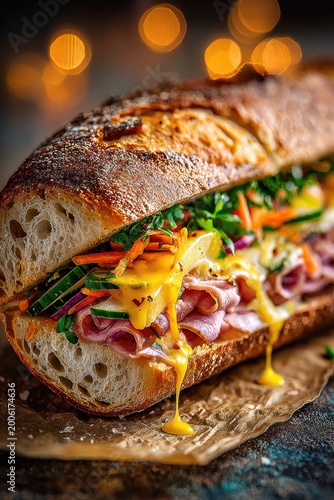 Delicious Gourmet Sandwich with Melted Cheese and Fresh Vegetables.