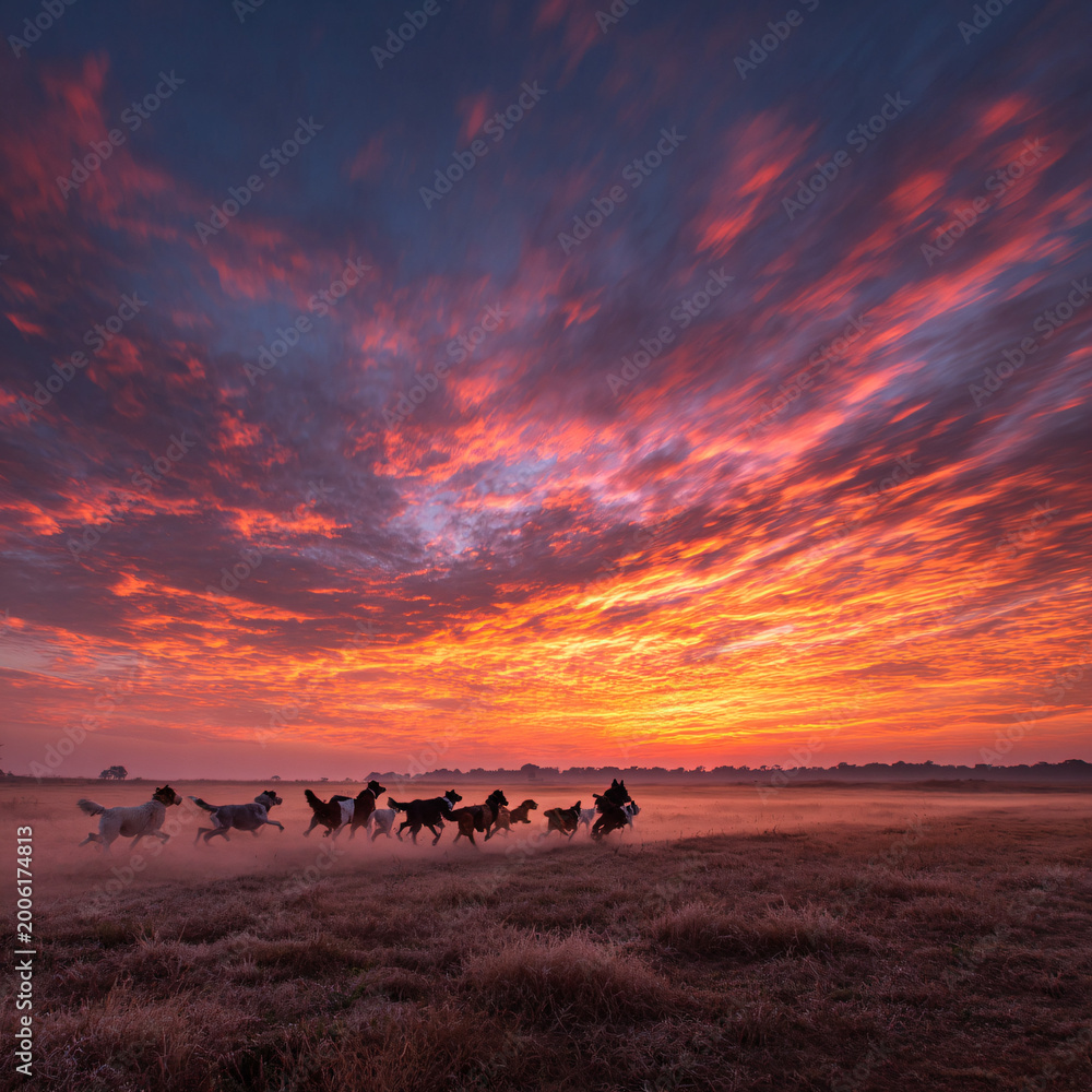 Fototapeta premium Active dogs exercising in nature at dawn, representing happy pet lifestyle, freedom, and animal wellness with ample copy space.