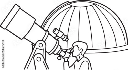 Cuadro en lienzo Line drawing of astronomer looking through telescope at observatory dome high qu