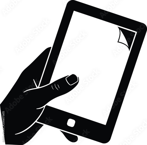 Tablet computer silhouette with hand touching screen isolated on a white background high quality professional detailed