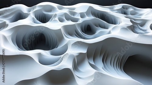 Abstract monochromatic landscape of flowing shapes creates a calming and ethereal visual effect