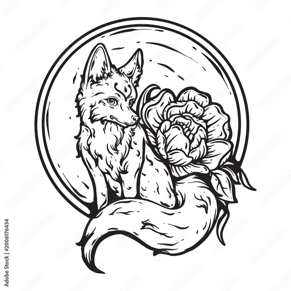 Obraz premium illustration art hand drawn pretty fox wih flower engraving black and white vector design