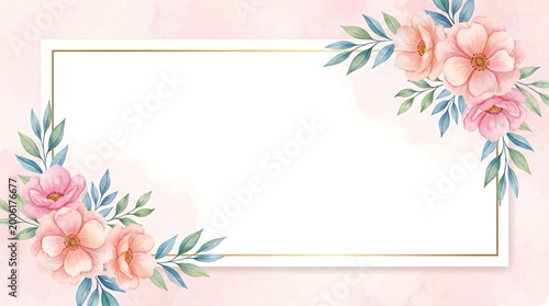 Pink Watercolor Floral Frame with Golden Border and Copy Space