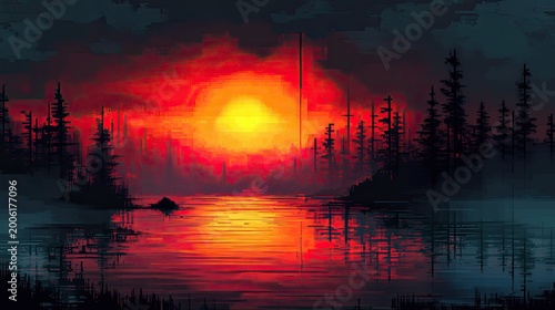 Pixel Art Sunset Over Forest Lake: A Serene and Mystical Landscape Scene