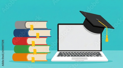 Online Education Concept Featuring Laptop with Graduation Cap and Stack of Books