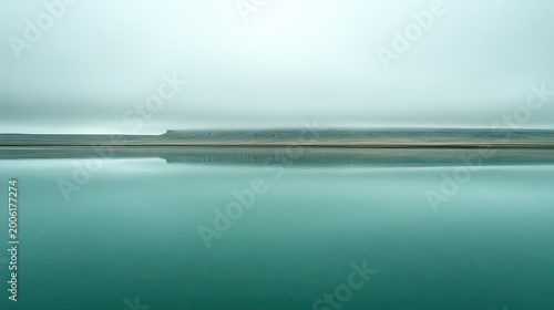 Serene landscape with tranquil turquoise water and soft sky reflection creating a minimalist