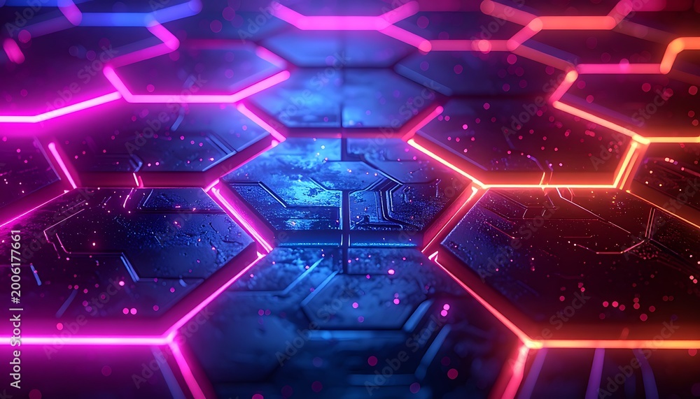 Fototapeta premium A futuristic neon-lit hexagonal grid pattern with vibrant colors
