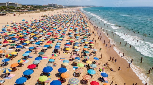 Colorful Beach Umbrellas and Crowded Sandy Shoreline