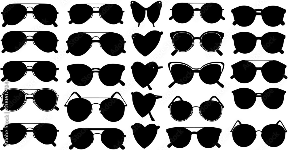 Fototapeta premium Diverse Sunglasses Silhouettes Collection: Black Vector Icons of Various Fashion Eyewear Styles and Shapes, Isolated on White Background