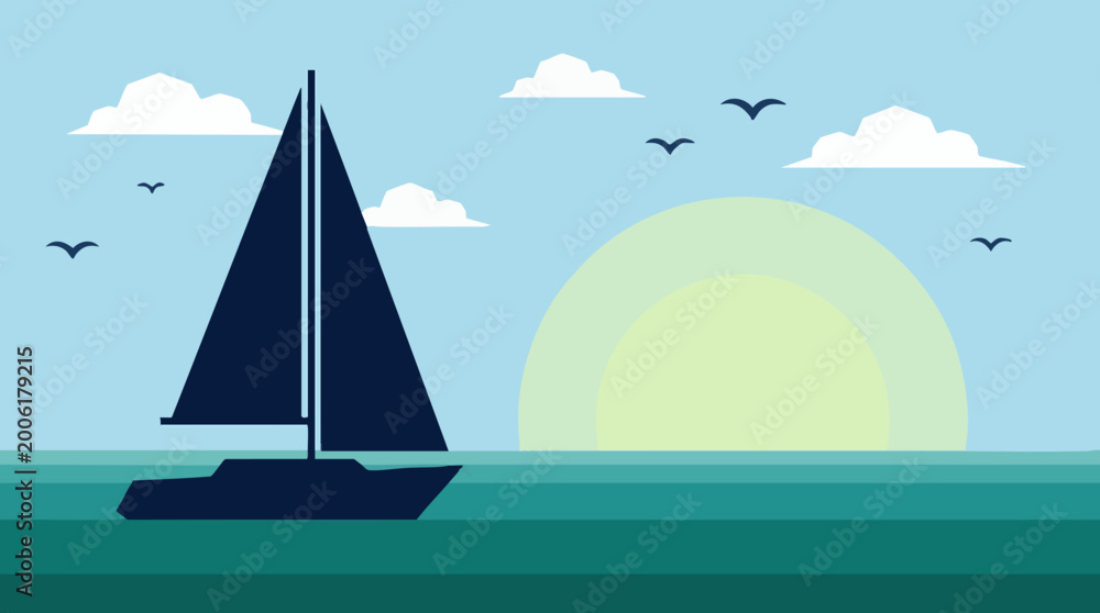 Naklejka premium Minimalist sailboat at sunrise on ocean with clouds and flying birds
