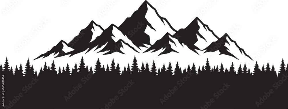Naklejka premium Mountain range, snow-capped peaks, forest silhouette, landscape vector