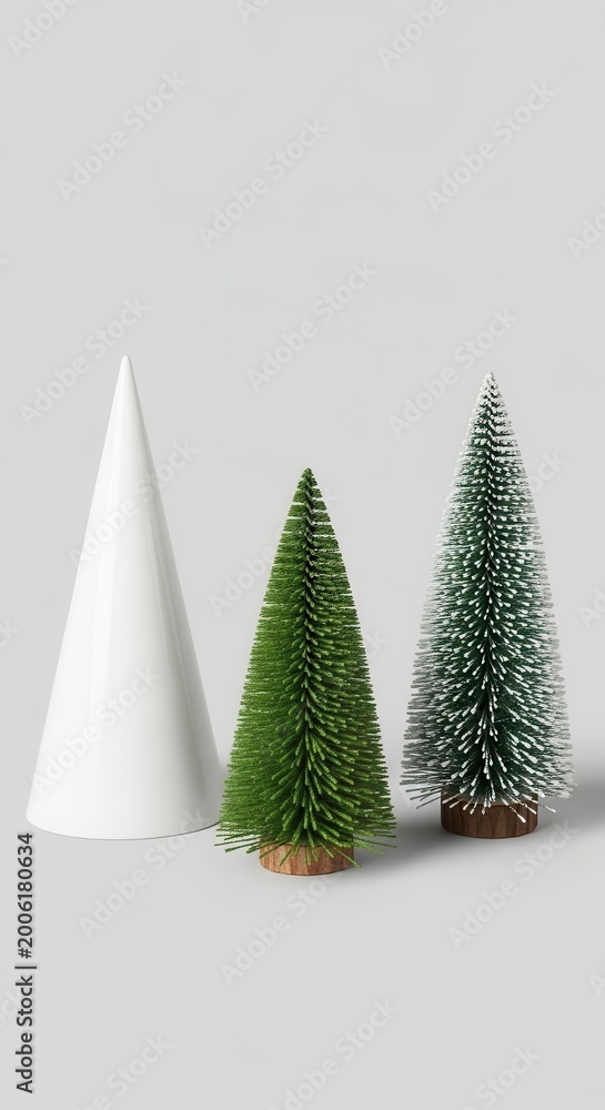 Fototapeta premium Festive Christmas Trees and White Cone on Gray Background.