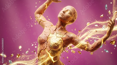 Cracked Golden Female Figure Reaching Through Glowing Energy on Magenta Background