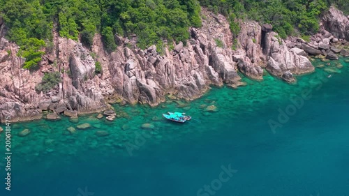 Aerial View of Rocky Coastline with Boat Ko Nang Yuan Ko Tao Thailand