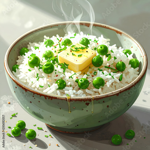 Bowl of steamed rice with peas and melting butter garnished with chives in bright studio light