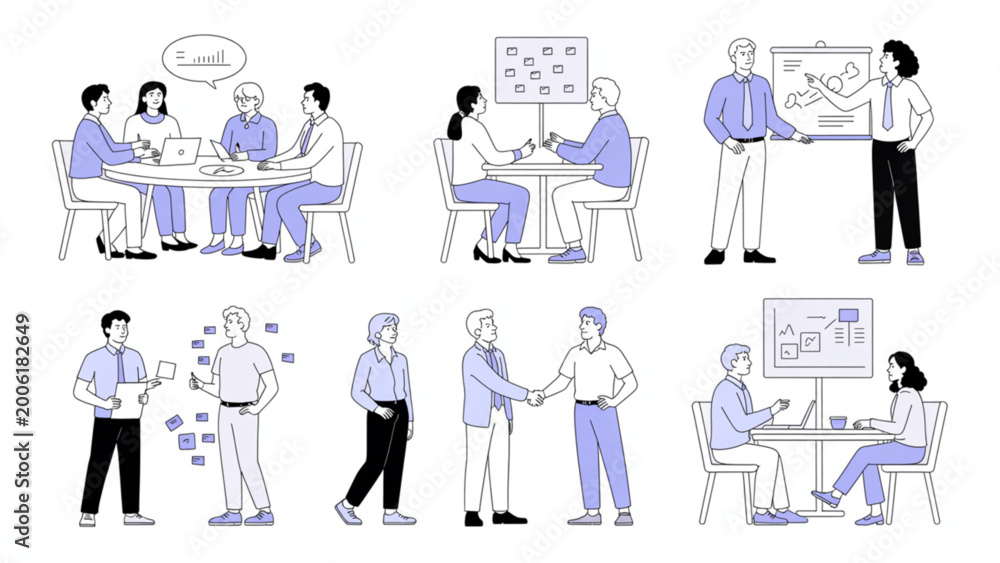 Fototapeta premium Modern Business Team Collaboration Line Art Illustration Set Strategy, Planning, and Meeting Workflow Concepts