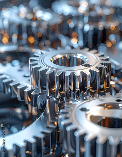 Gleaming metal gears interlocking in intricate mechanism a close-up abstract industrial view