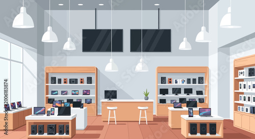 A brightly lit electronics store interior displays computers laptops and televisions for sale to customers