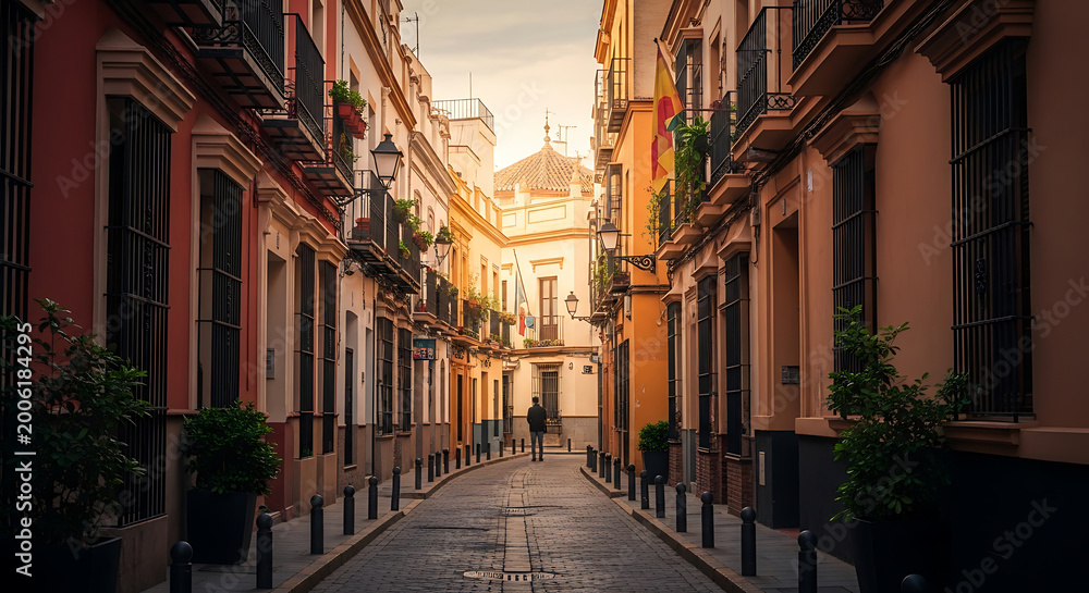 Obraz premium Narrow European cobblestone street lined with colorful buildings, golden hour light illuminating the scene, perfect for travel and European city concepts