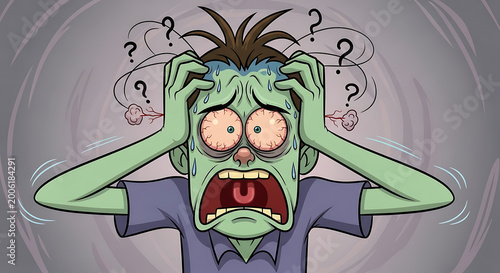 A stressed and confused zombie cartoon character.