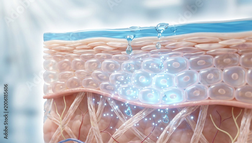 Foto Cross-section of skin layers with serum droplets and deep hydration effect, 3D medical illustration