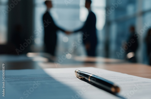 A fountain pen rests on a signed contract while two executives shake hands, sealing their partnership.