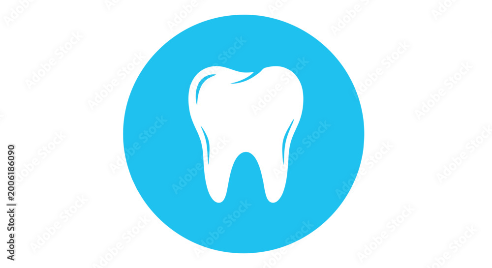 Obraz premium A simple graphic illustration depicts a white tooth centered within a bright blue circular background