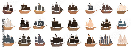 Φωτογραφία pirate ship icons set cartoon vector wreck boat