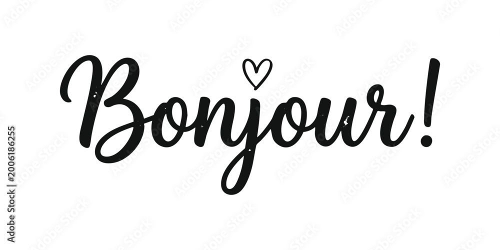 Fototapeta premium Bonjour word with a small heart symbol written in a beautiful black cursive calligraphy script font style