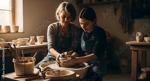 Experienced potter teaching a young apprentice how to shape clay on a pottery wheel in a studio