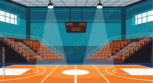 Obraz na płótnie An illustrated indoor basketball court with empty orange seats and a digital sco