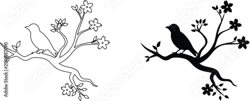 Φωτογραφία Bird on flowering tree branch silhouette and outline vector illustration for nature design