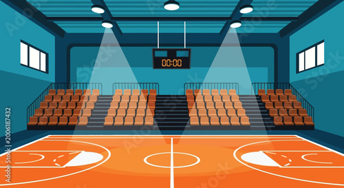 An illustration depicts an empty indoor basketball court with stadium seating and a digital scoreboard