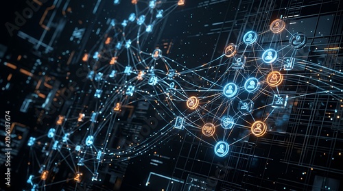 Glowing Digital Network Connections Spreading Across Futuristic Data Interface