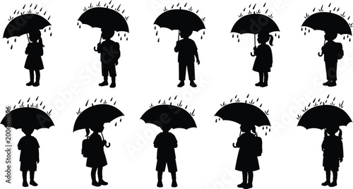 Children silhouettes holding umbrellas in the rain