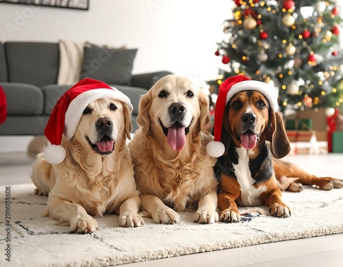 Three festive dogs wearing Santa hats on a rug