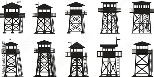 Collection of black silhouette guard towers with ladders