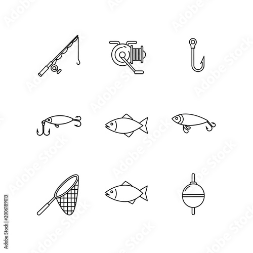 Fishing equipment icons set isolated on white background for design