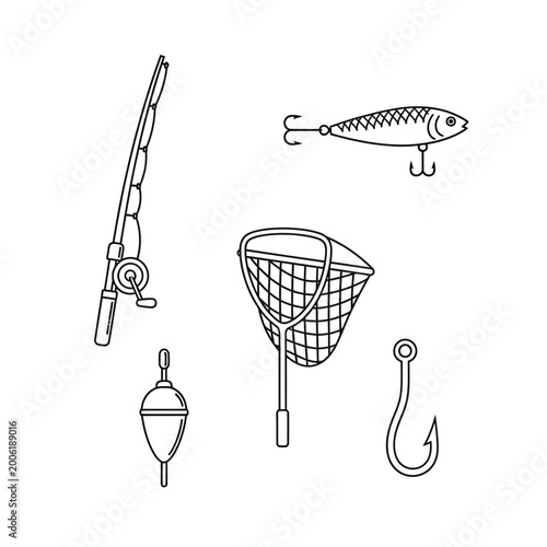 Fishing equipment illustration rod lure net bobber and hook vectors