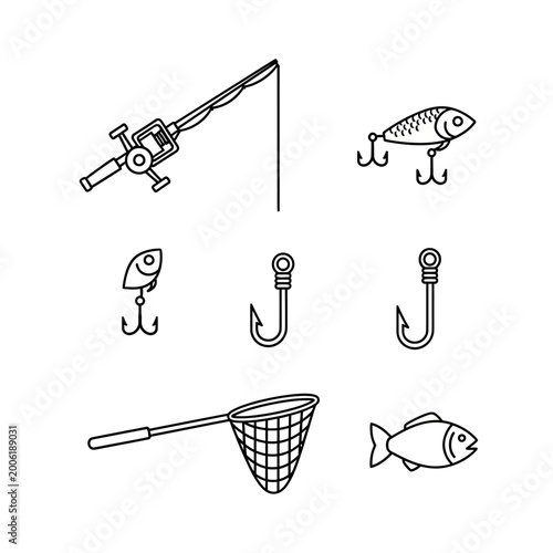 Fishing equipment illustration rod lures hooks net and fish outlines